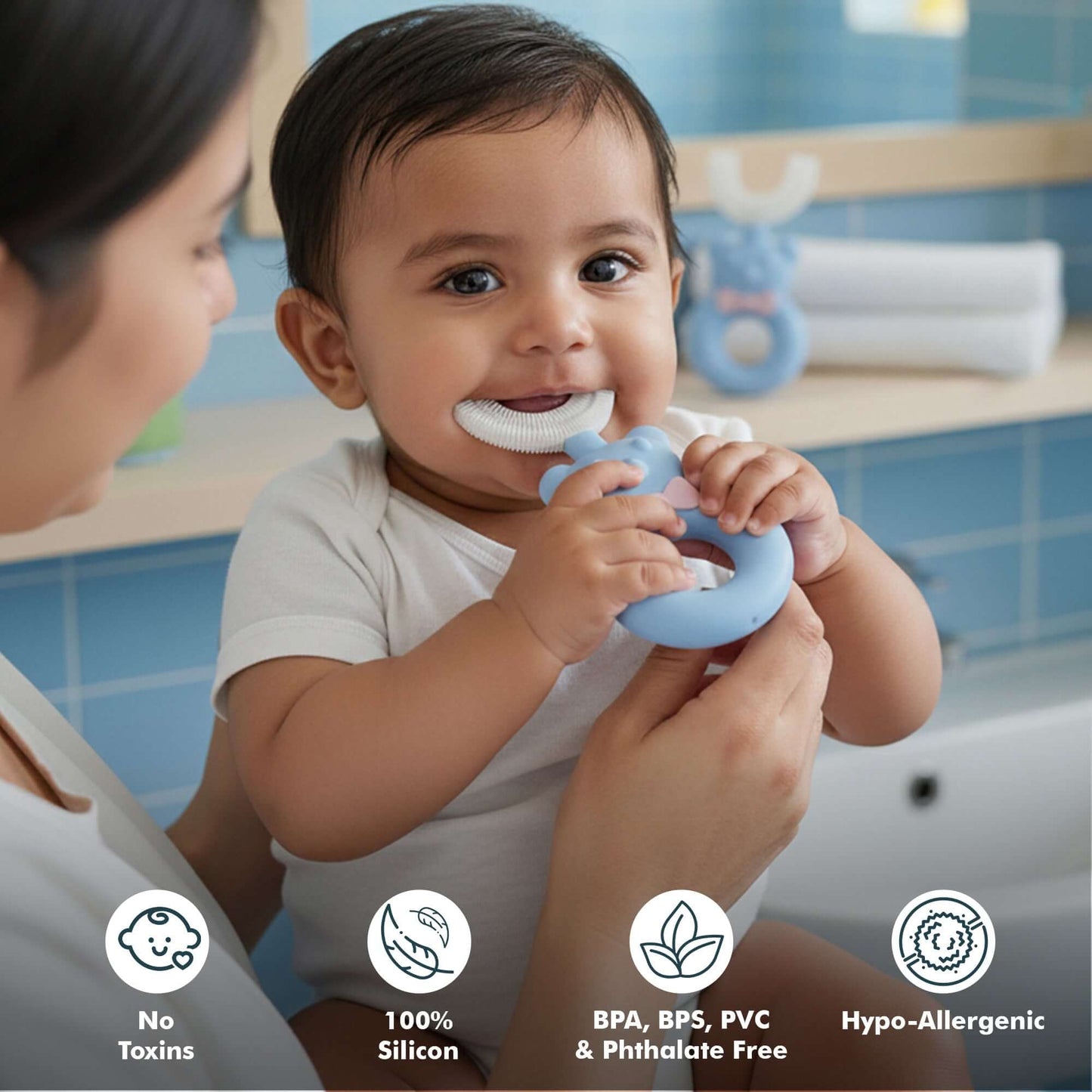 Kids Teddy Bear U-Shape Toothbrush | Gentle Cleaning for Kids in use by a smiling baby during brushing.