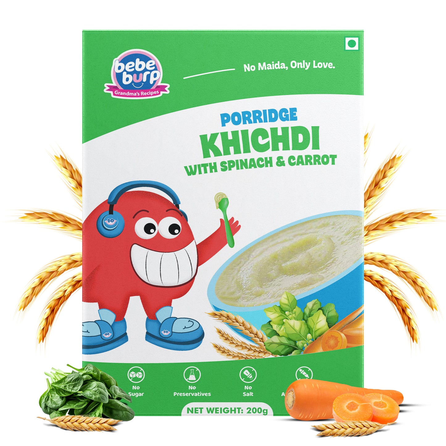 A box of Khichdi Mix porridge featuring carrots and spinach, showcasing a nutritious blend of ingredients.