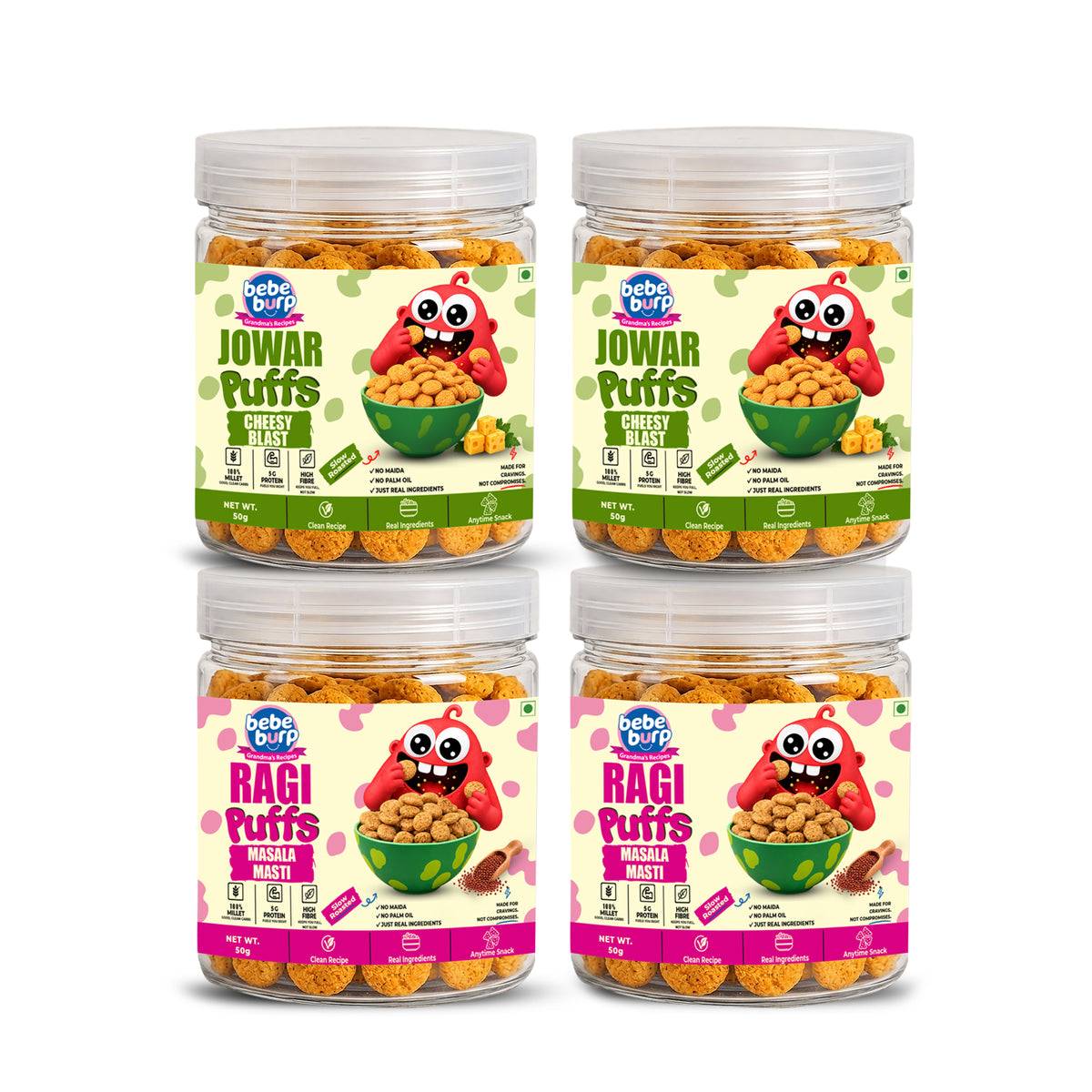 Jowar & Ragi Baby Puffs Combo – Cheesy Blast + Masala Masti (50GM x 4 Pack) (200gm)
