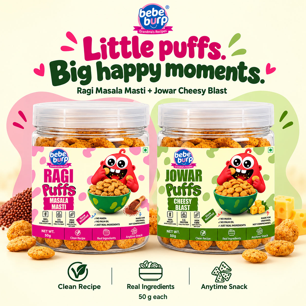 Jowar & Ragi Baby Puffs Combo – Cheesy Blast + Masala Masti (50GM x 4 Pack) (200gm)