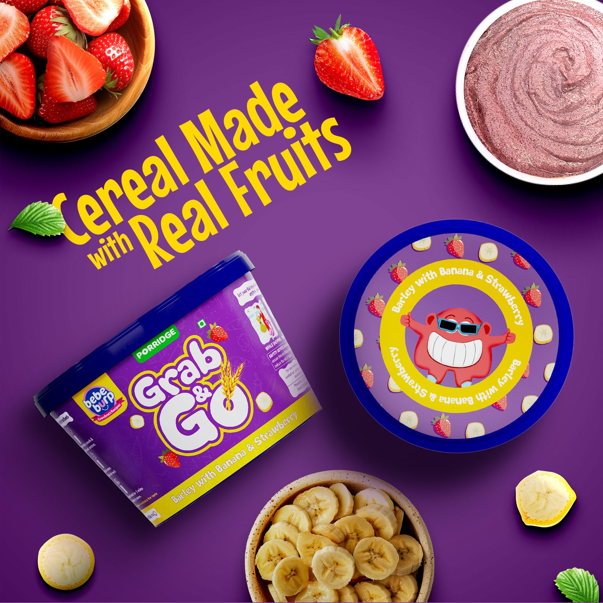 Bebe Burp Grab & Go pack of 5 porridges – ready to eat packed food for travel, featuring ragi, mango, barley, and fruit blends for babies.