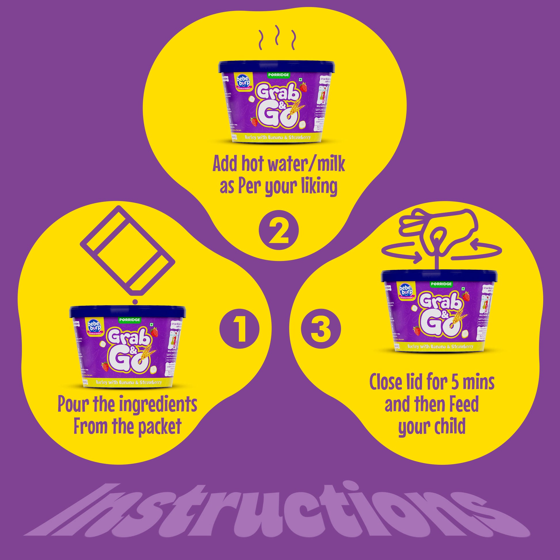 Bebe Burp Grab & Go pack of 5 porridges – ready to eat packed food for travel, featuring ragi, mango, barley, and fruit blends for babies.