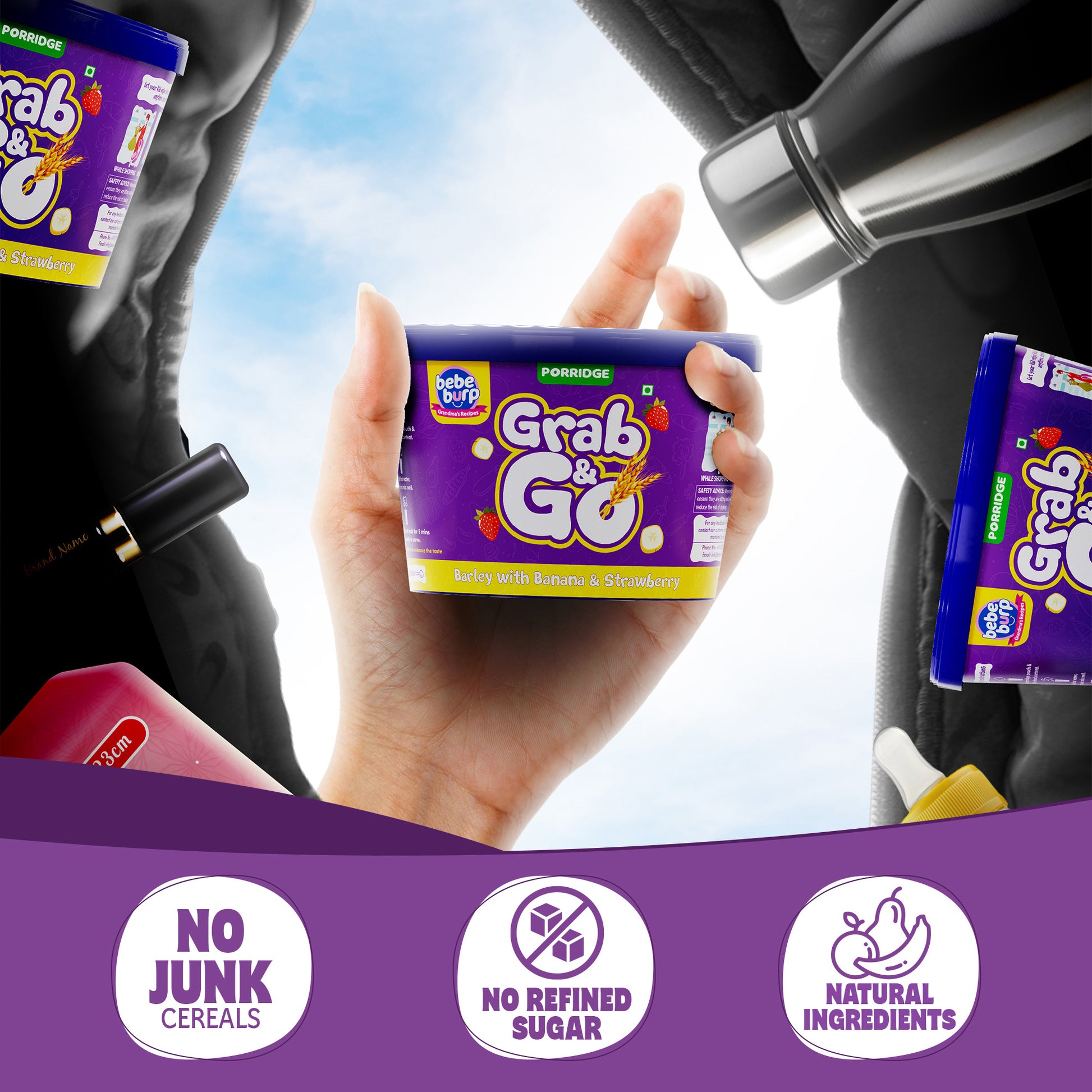 Bebe Burp Barley Khichdi travel food pack with Puffed Rice in a bowl, surrounded by fresh ingredients like carrots and herbs.