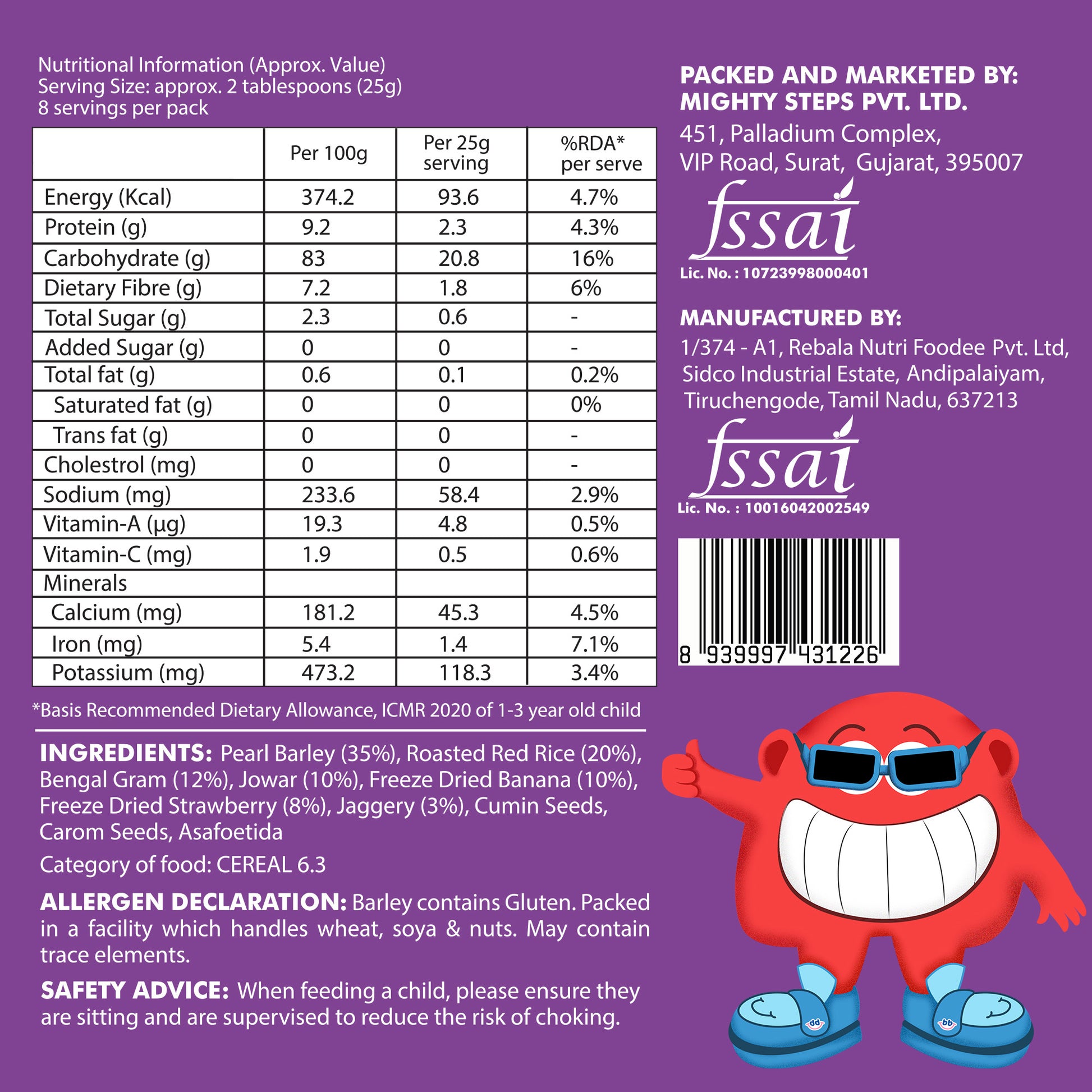 Bebe Burp Grab & Go pack of 5 porridges – ready to eat packed food for travel, featuring ragi, mango, barley, and fruit blends for babies.