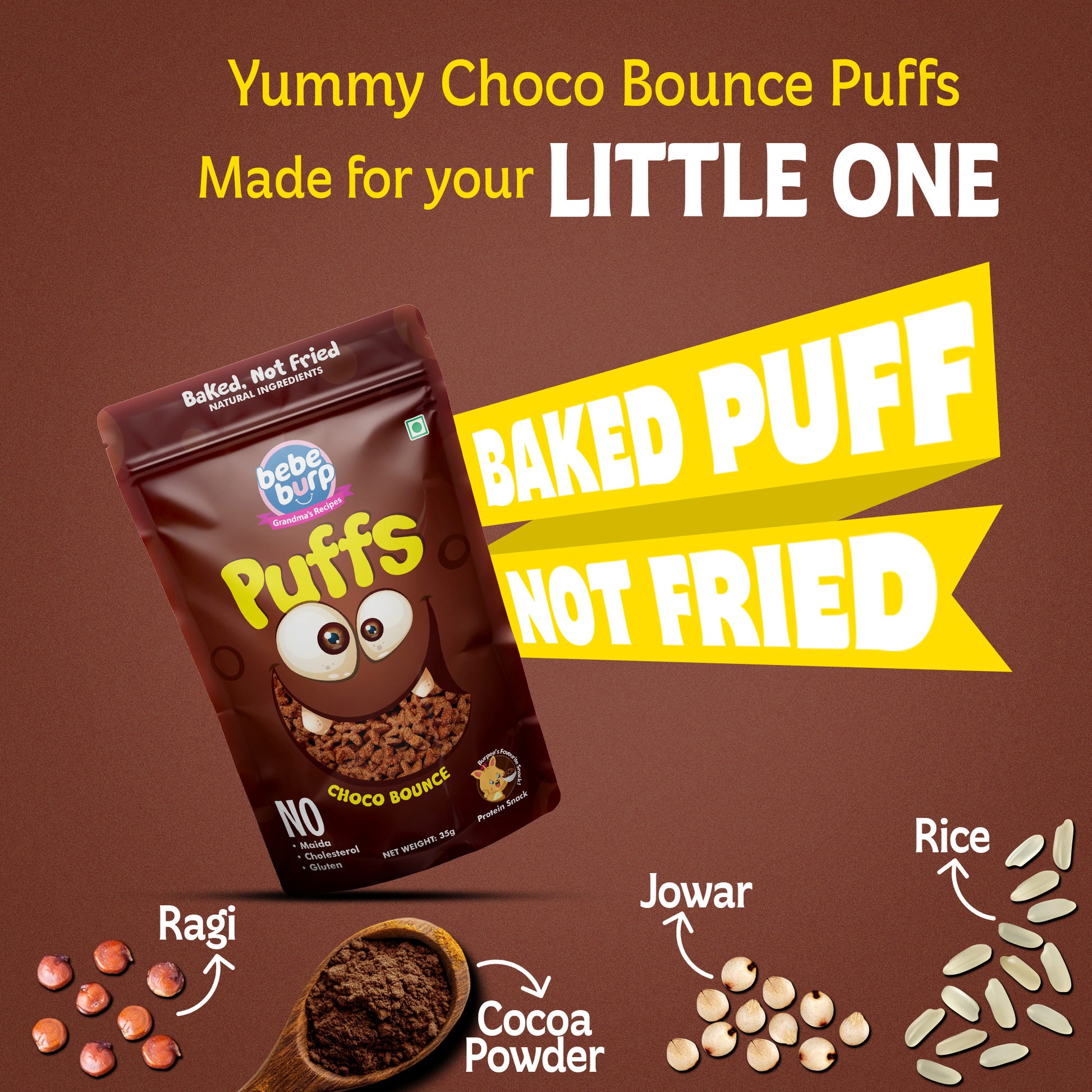 Four packs of Bebe Burp Choco Bounce puff for baby, made with ragi, jowar, jaggery, and chocolate curls in front.