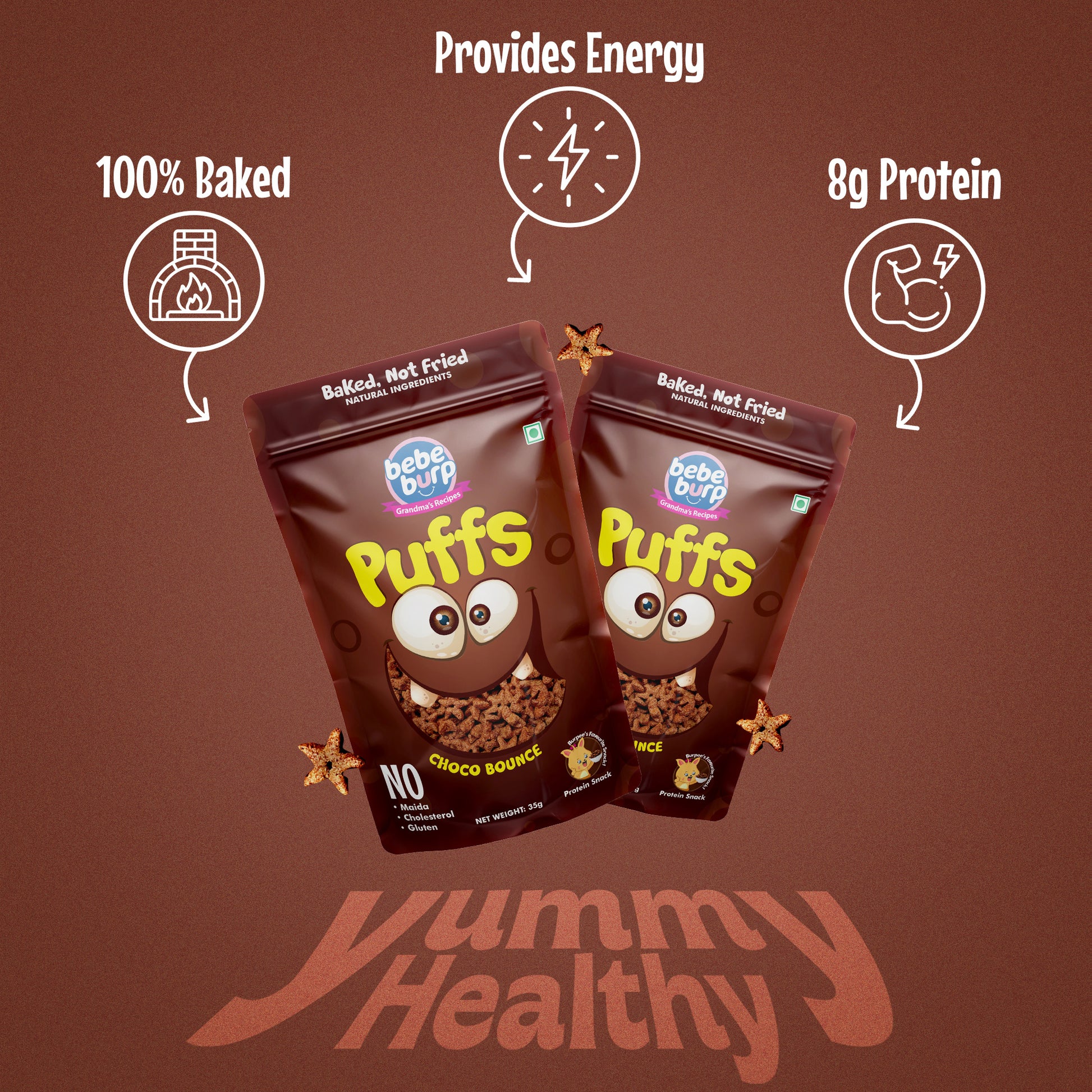 Four packs of Bebe Burp Choco Bounce puff for baby, made with ragi, jowar, jaggery, and chocolate curls in front.