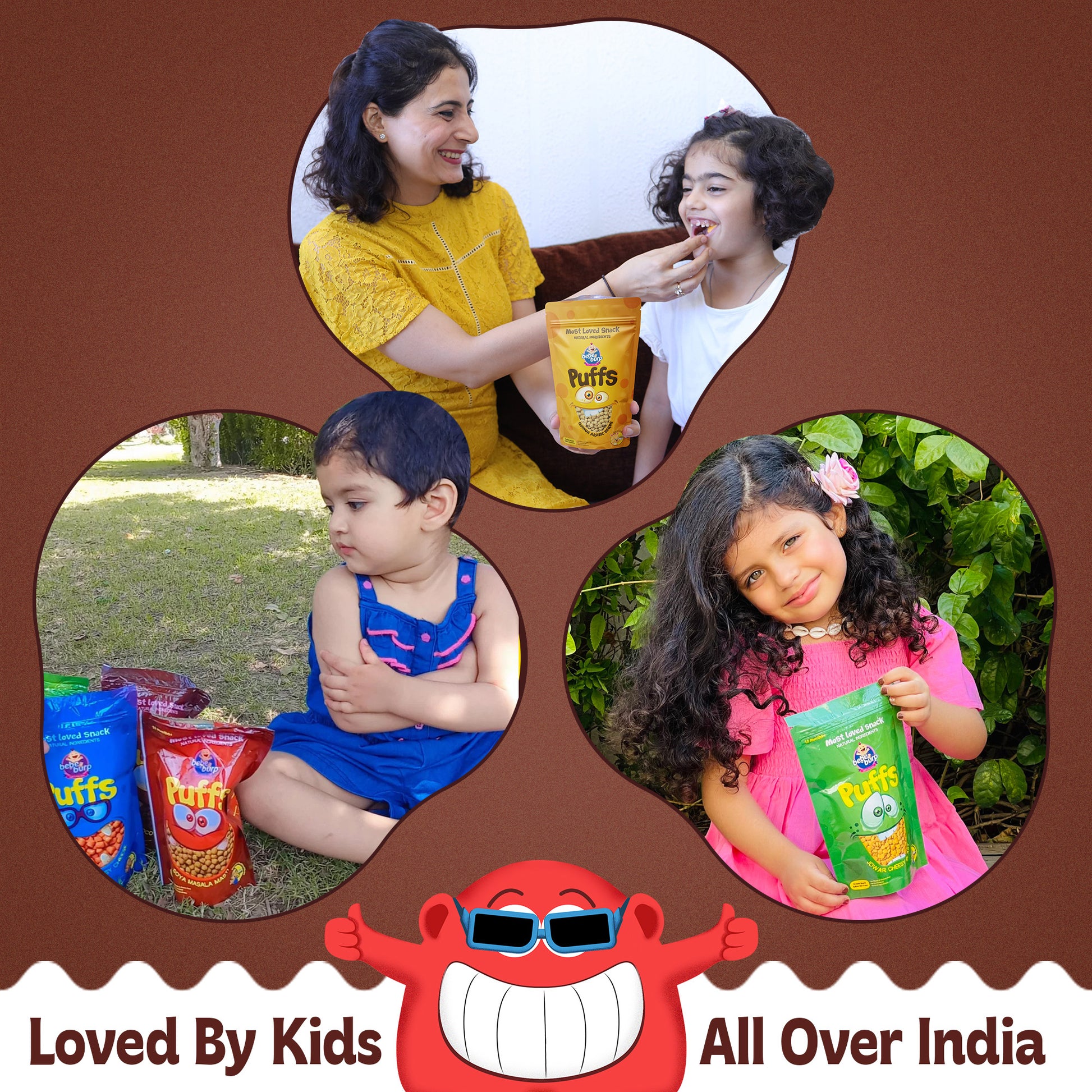 Four packs of Bebe Burp Choco Bounce puff for baby, made with ragi, jowar, jaggery, and chocolate curls in front.