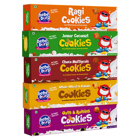 Ragi, Jowar Coconut, Choco, Whole Wheat & Oats Cookies Combo – Pack of 5 (150 gm Each)