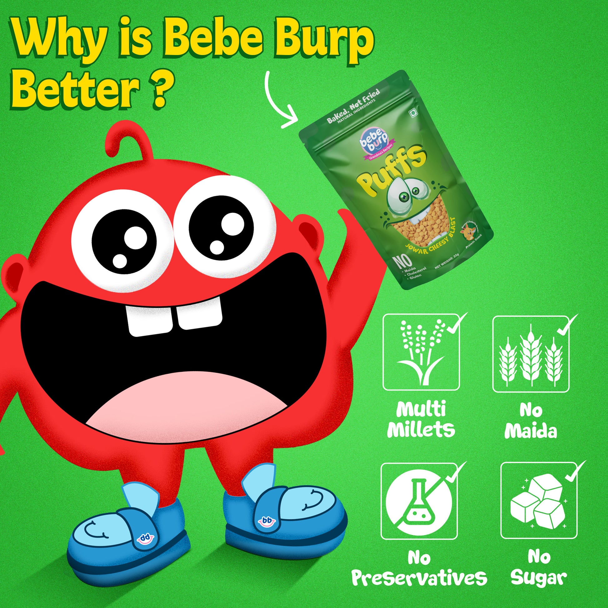 Bebe Burp Jowar Puffs in cheesy flavor, made with natural ingredients and jowar, shown with cheese and pink salt.