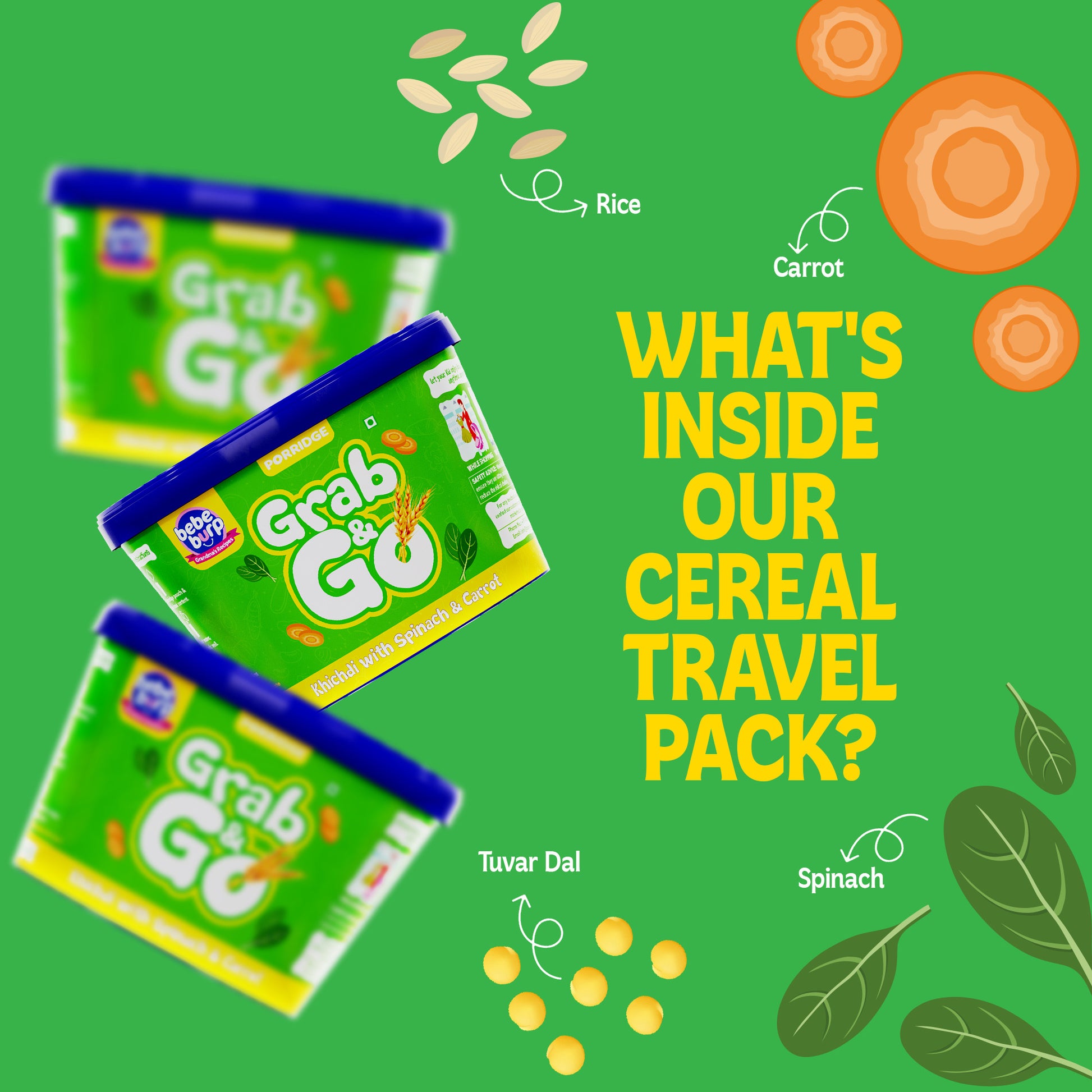 Bebe Burp Barley Khichdi travel food pack with Puffed Rice in a bowl, surrounded by fresh ingredients like carrots and herbs.