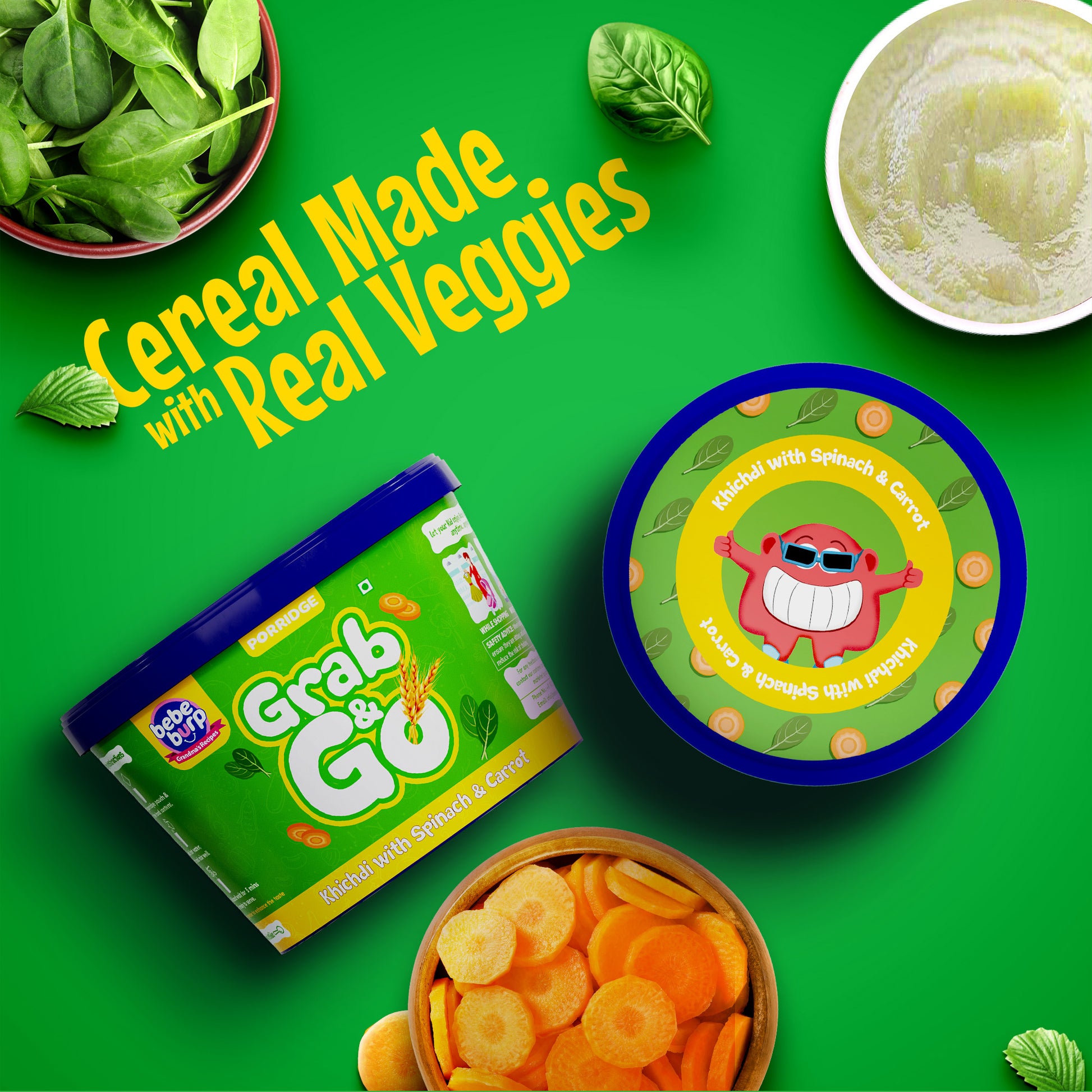 Bebe Burp Barley Khichdi travel food pack with Puffed Rice in a bowl, surrounded by fresh ingredients like carrots and herbs.