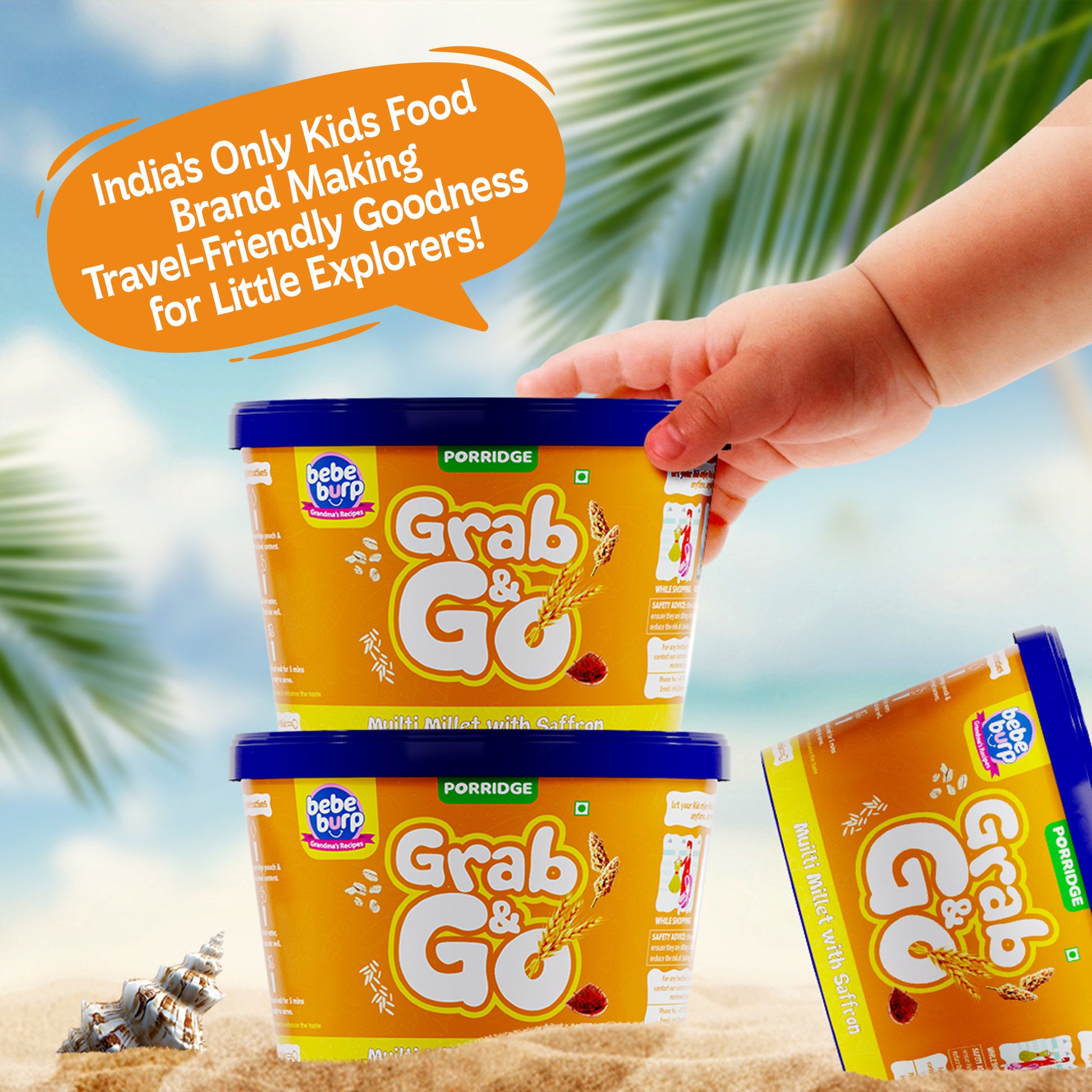 Bebe Burp Grab & Go pack of 5 porridges – ready to eat packed food for travel, featuring ragi, mango, barley, and fruit blends for babies.