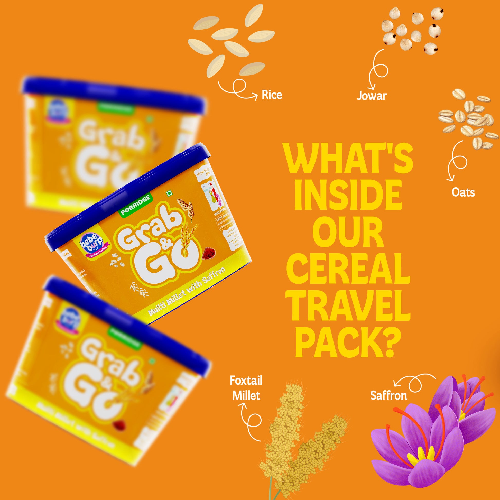 Assorted travel food for babies bowls featuring Barley, Multi Millet, and Ragi blends, displayed with natural ingredients on a wooden surface.