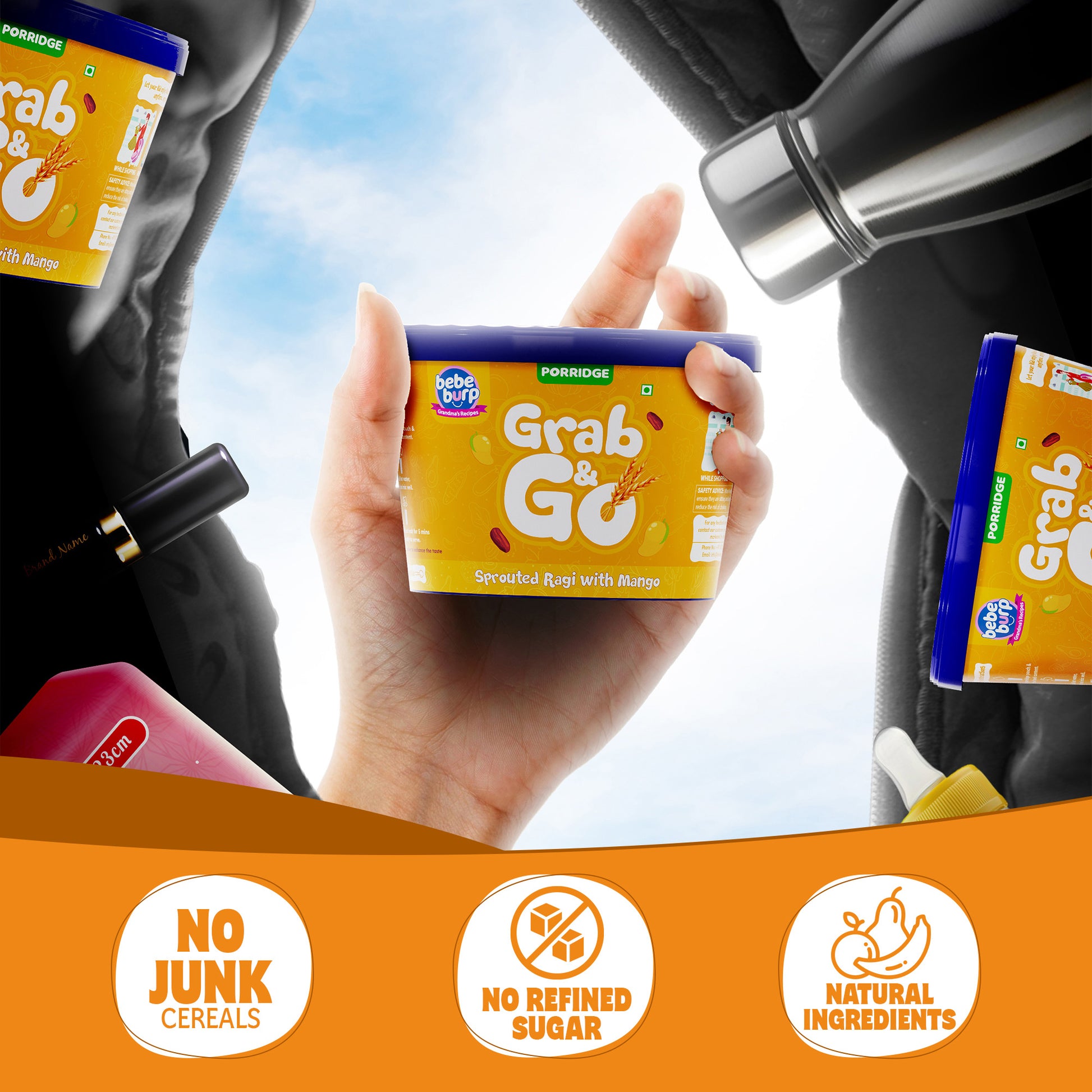 Assorted travel food for babies bowls featuring Barley, Multi Millet, and Ragi blends, displayed with natural ingredients on a wooden surface.