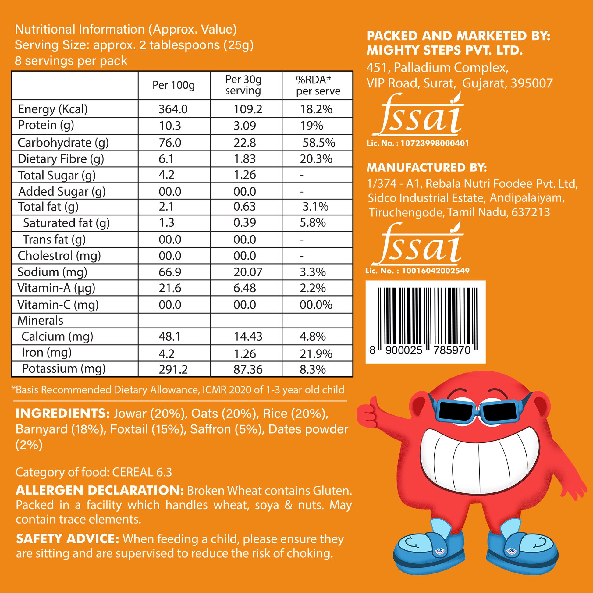 Bebe Burp Grab & Go pack of 5 porridges – ready to eat packed food for travel, featuring ragi, mango, barley, and fruit blends for babies.