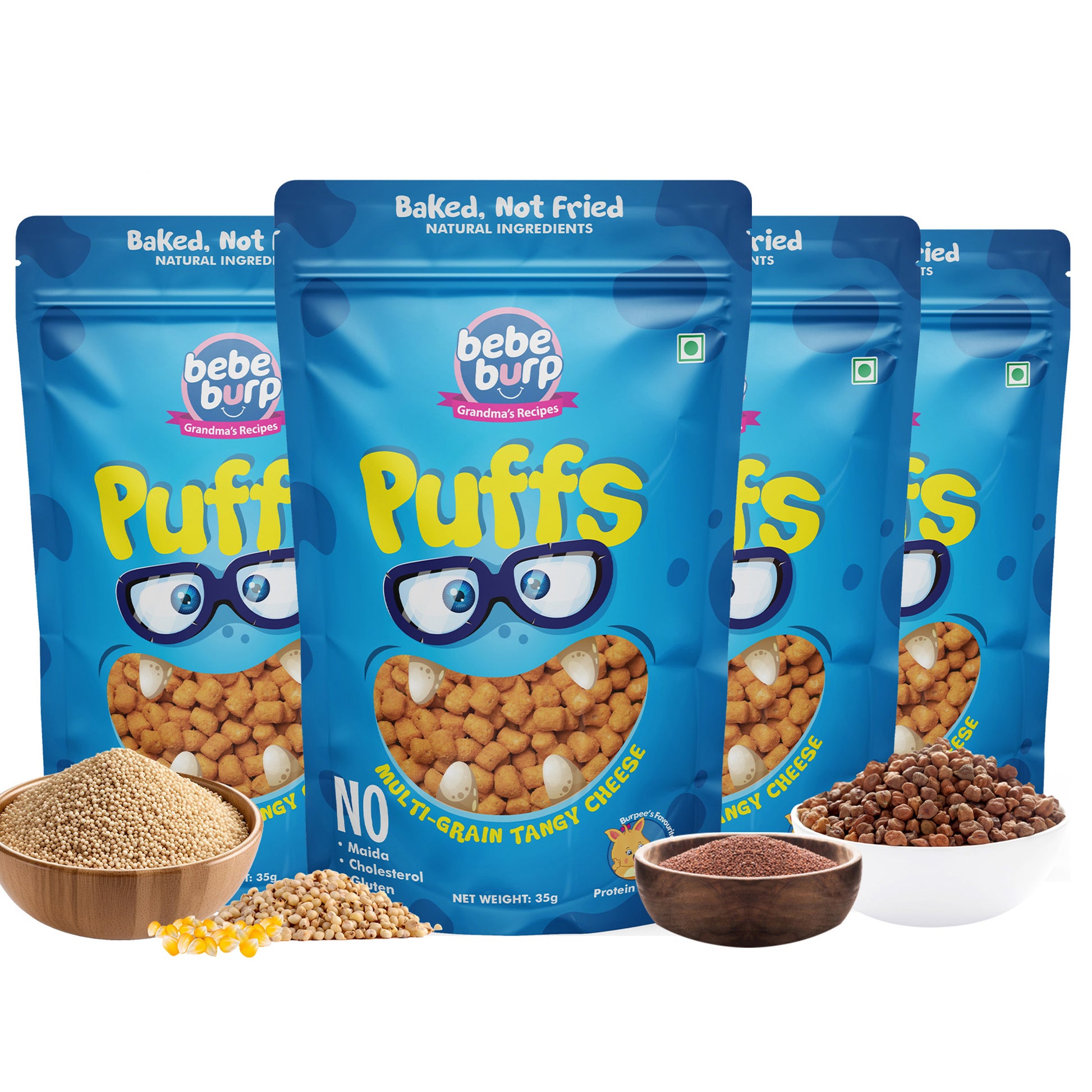 Four packs of Bebe Burp Cheese Puff in multigrain tangy flavor, shown with grains like millet, corn, and lentils.