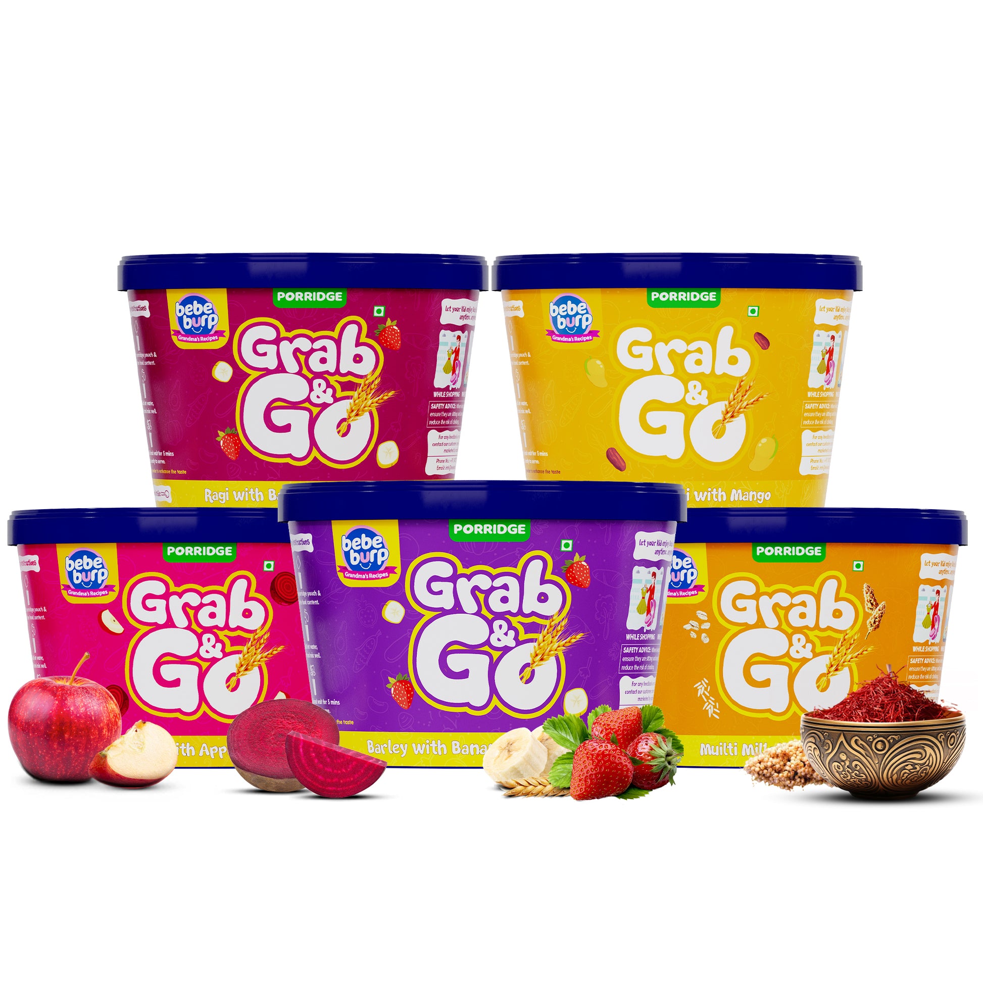 Bebe Burp Grab & Go pack of 5 porridges – ready to eat packed food for travel, featuring ragi, mango, barley, and fruit blends for babies.