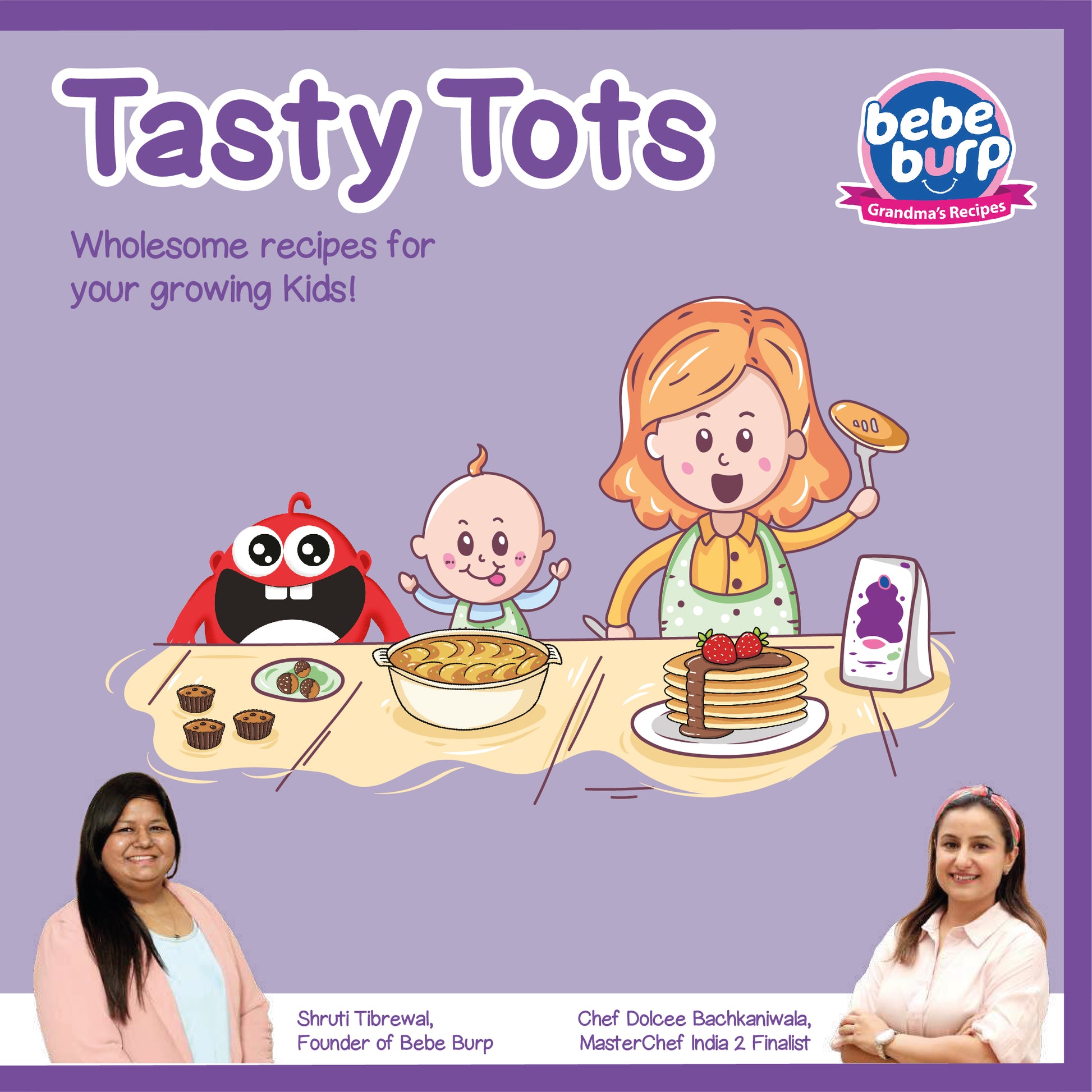 Book cover of 'Tasty Tots' with illustrations of a woman, baby, and child at a table with food.