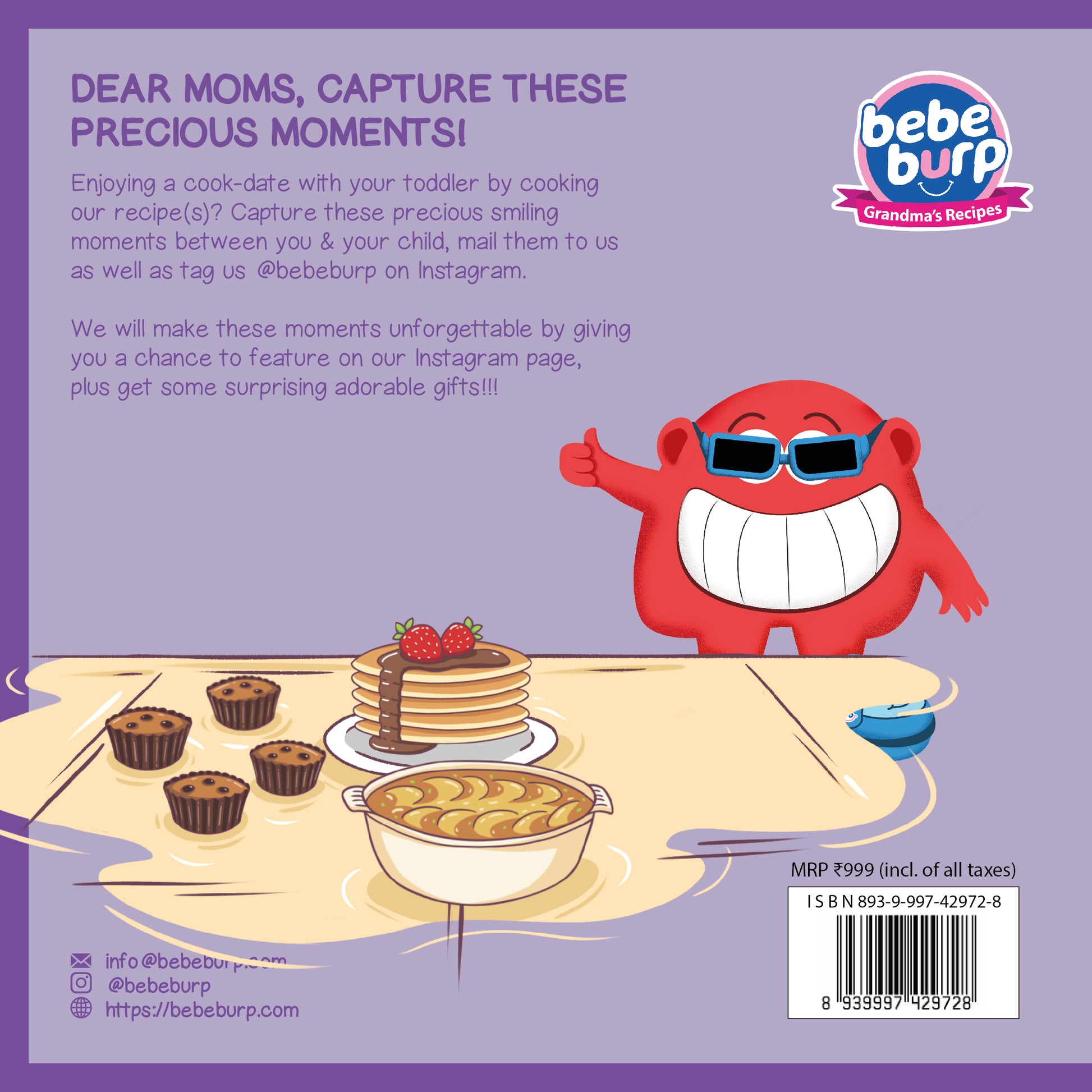 Back cover of a book or product packaging with a red cartoon character and food illustrations on a purple background.