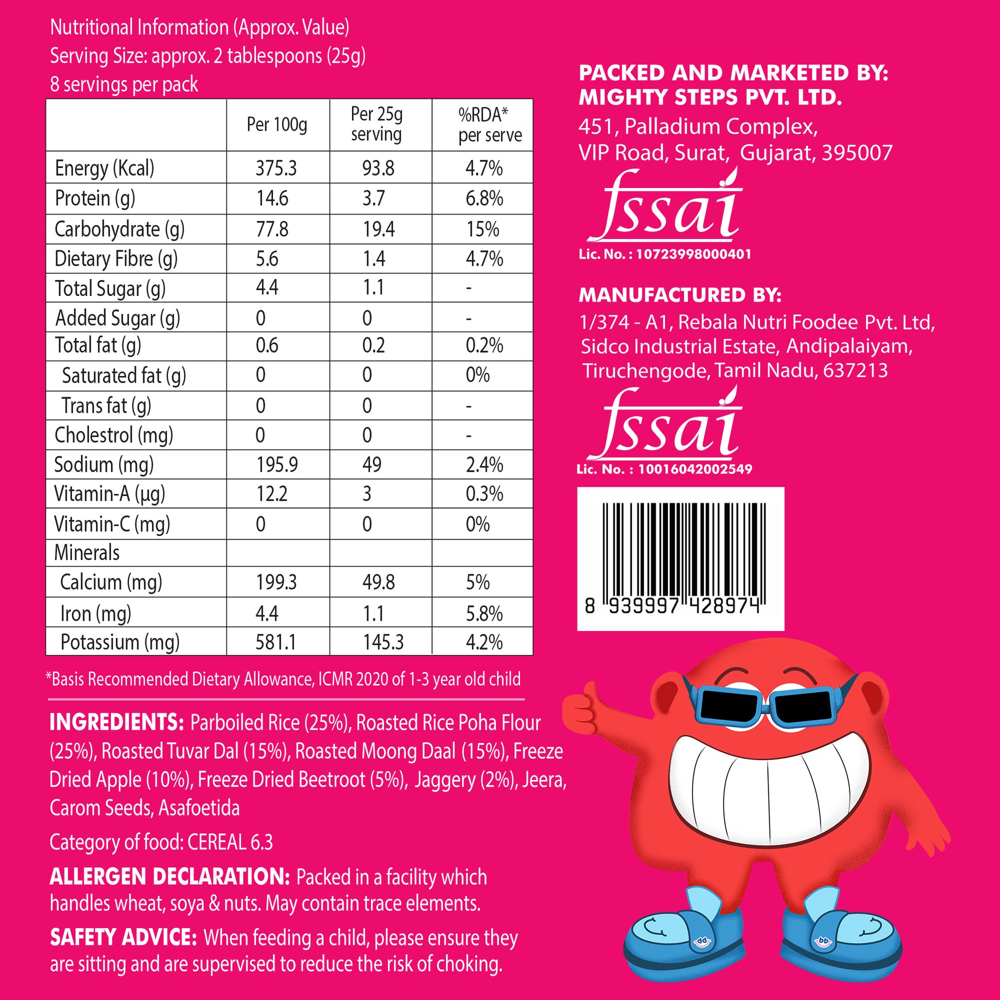 Bebe Burp Grab & Go pack of 5 porridges – ready to eat packed food for travel, featuring ragi, mango, barley, and fruit blends for babies.