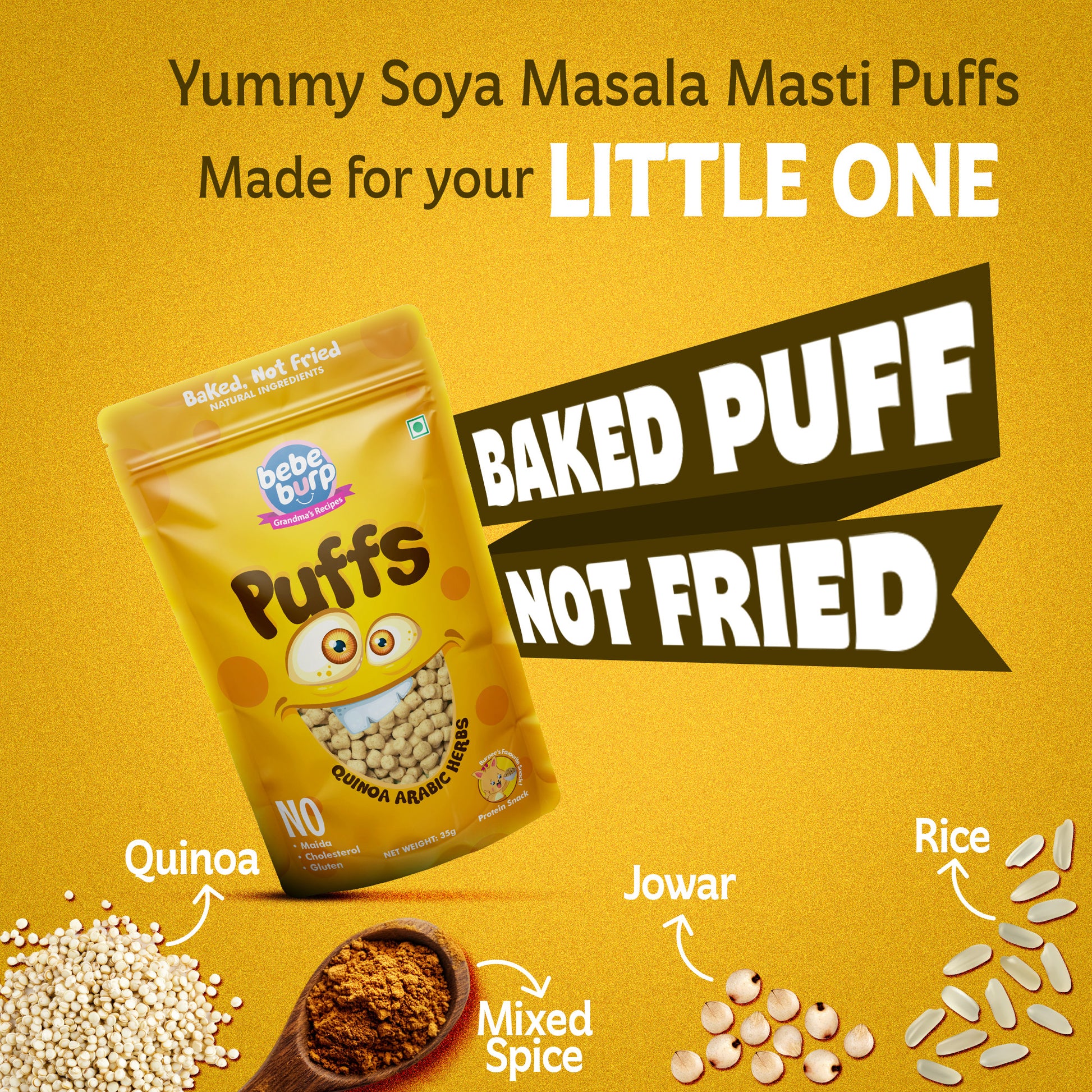 Four packs of Bebe Burp quinoa Arabic herbs puff for baby, with oats, quinoa, garlic, and millet displayed in front.