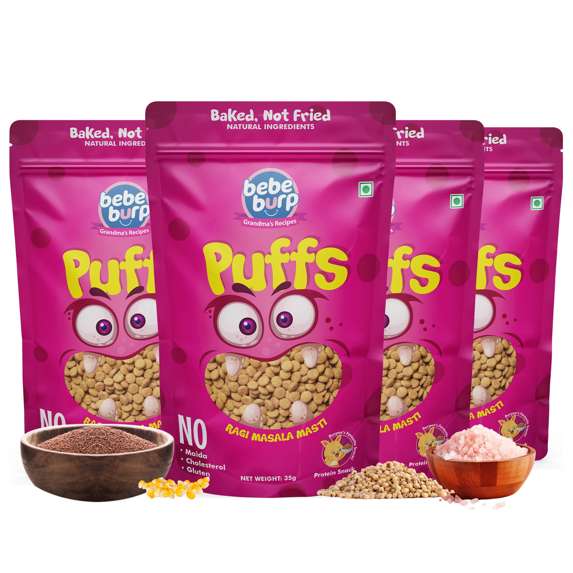 Bebe Burp Ragi Masala Masti baby puffs made with natural ingredients, shown with grains and spices in the front.