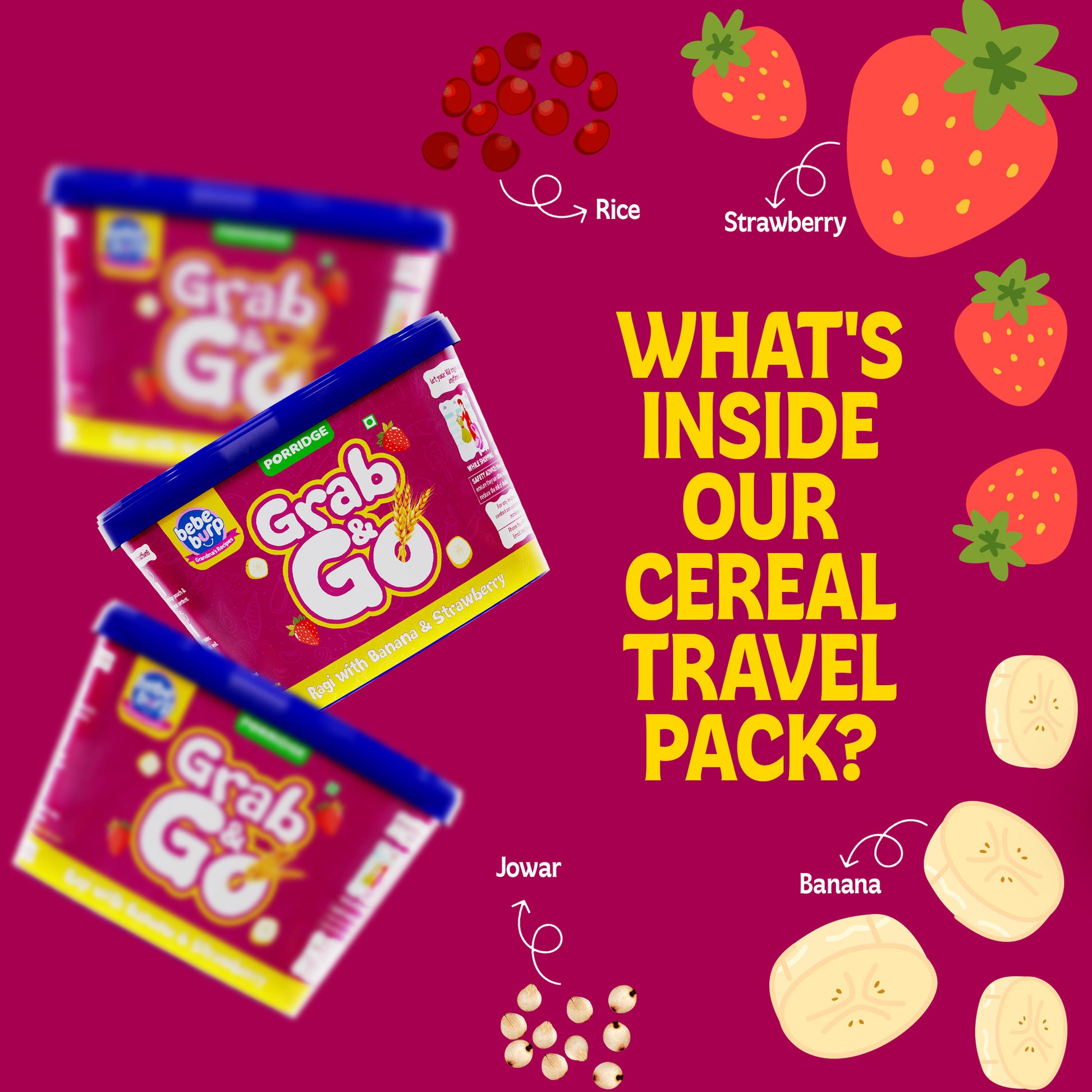 Bebe Burp Grab & Go pack of 5 porridges – ready to eat packed food for travel, featuring ragi, mango, barley, and fruit blends for babies.