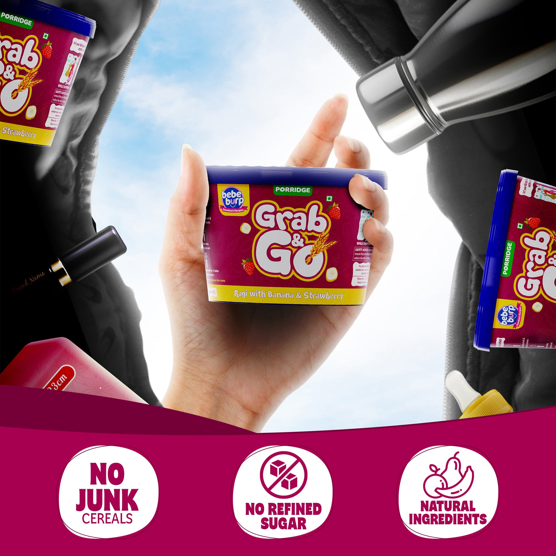 Bebe Burp Grab & Go pack of 5 porridges – ready to eat packed food for travel, featuring ragi, mango, barley, and fruit blends for babies.