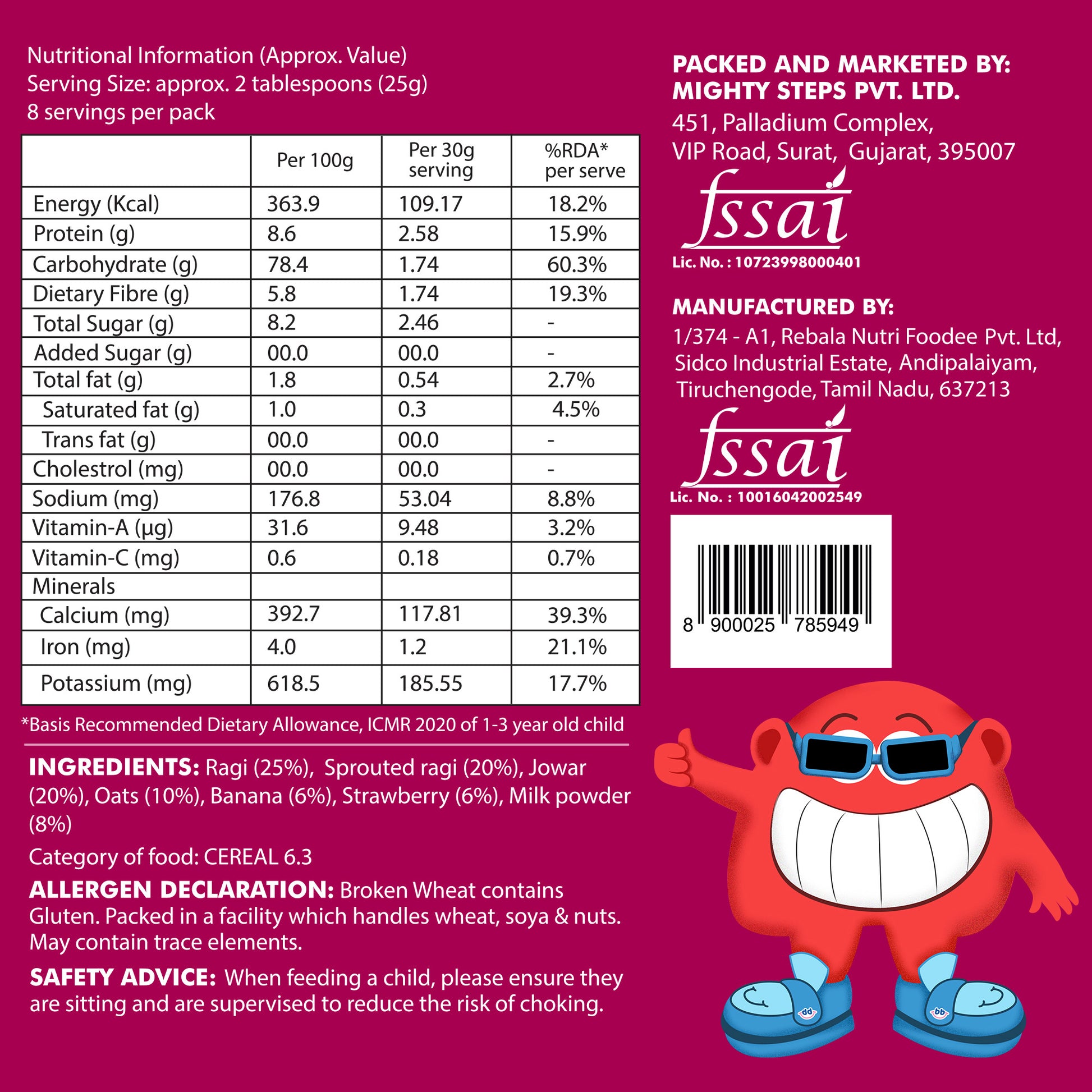 Bebe Burp Grab & Go pack of 5 porridges – ready to eat packed food for travel, featuring ragi, mango, barley, and fruit blends for babies.