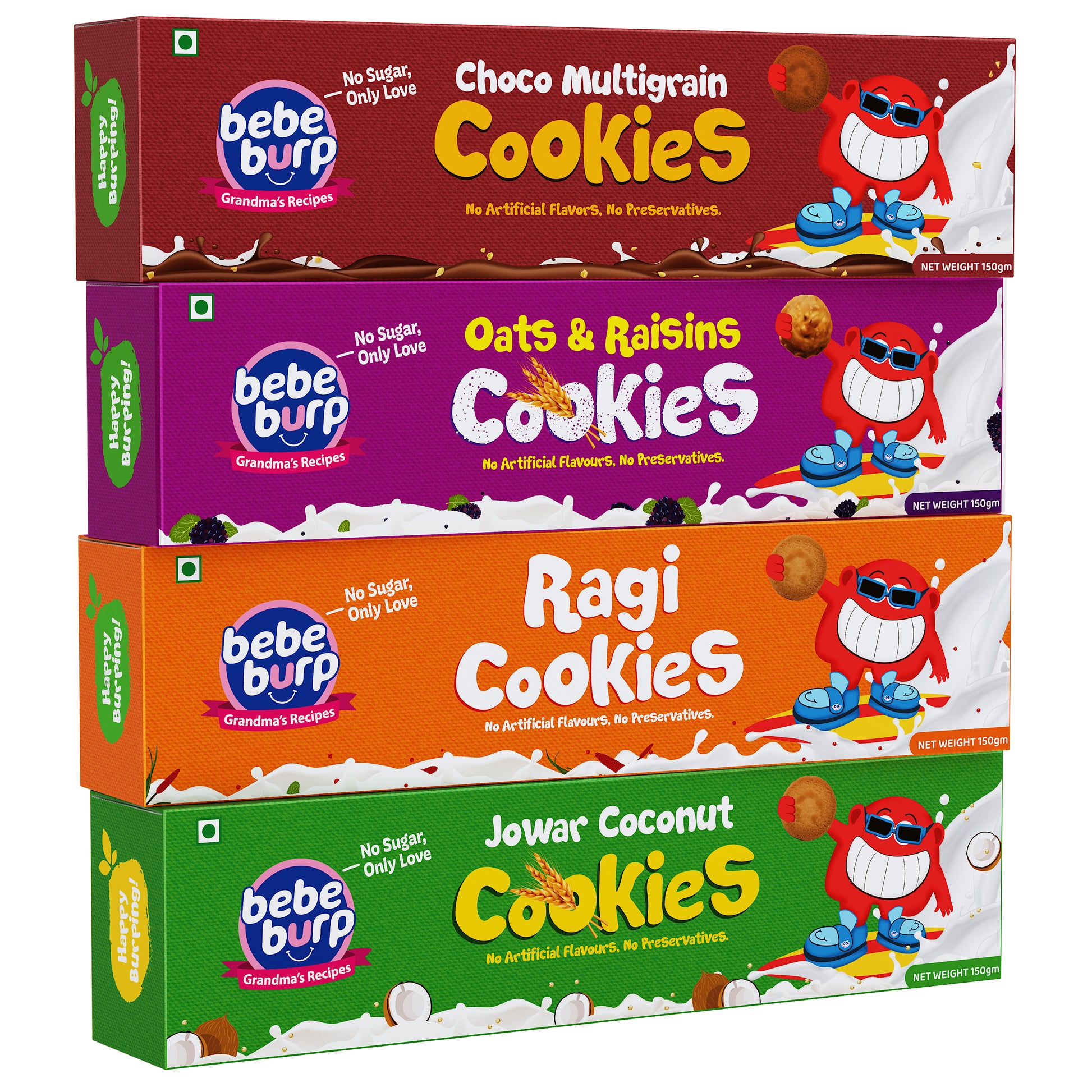 Stack of Bebe Burp multigrain cookies boxes featuring four variants: Choco Multigrain (red), Oats & Raisins (purple), Ragi (orange), and Jowar Coconut (green).