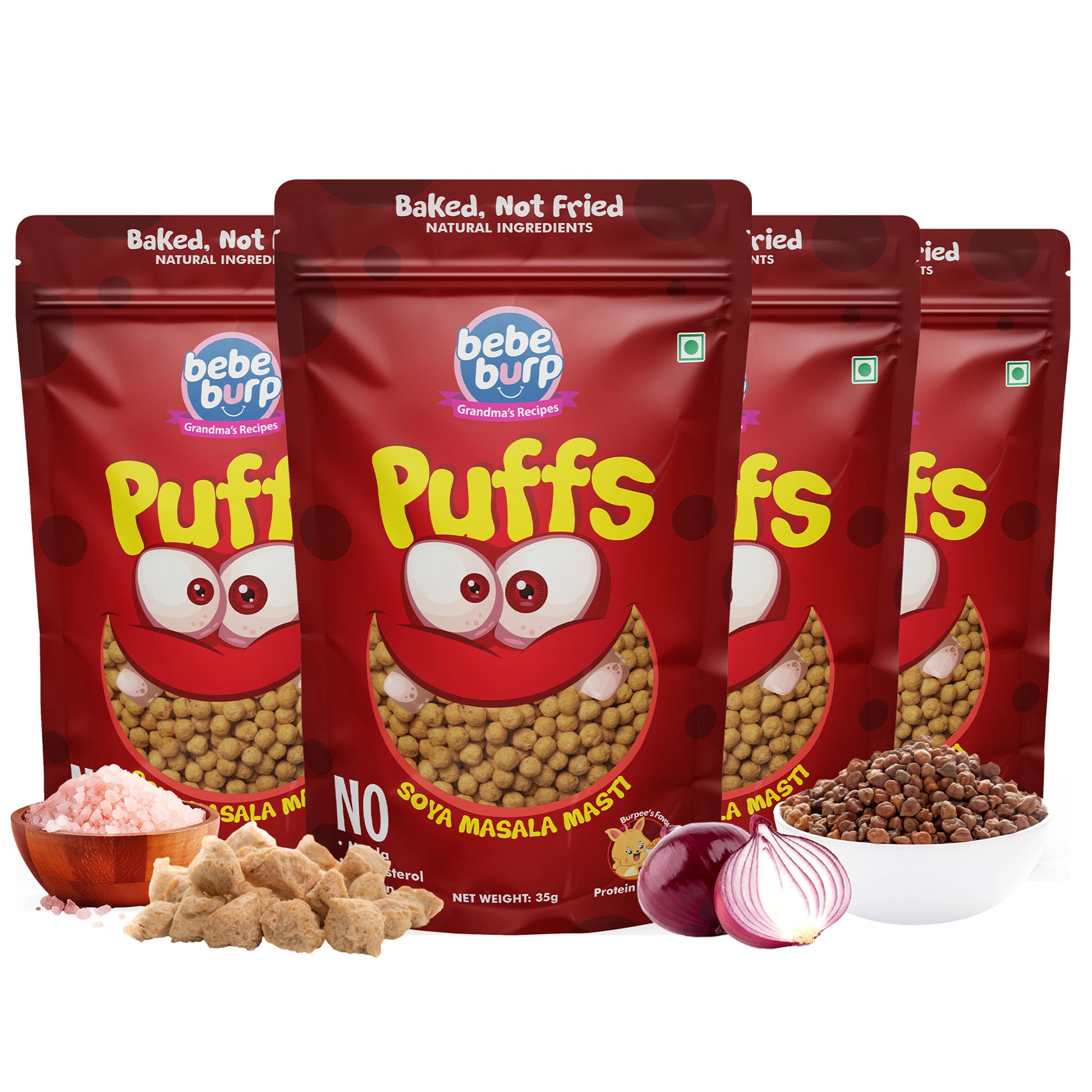 Four packs of Bebe Burp Masala Puff in soya masala masti flavor, shown with soy chunks, onion, pink salt, and lentils.