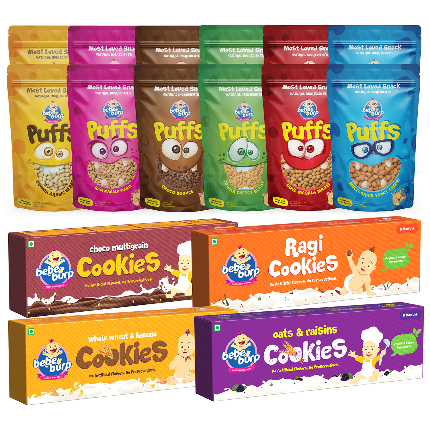 Assorted healthy snack packaging featuring colorful puffs and cookie boxes. Vibrant designs include cartoon characters, creating a playful, inviting tone.